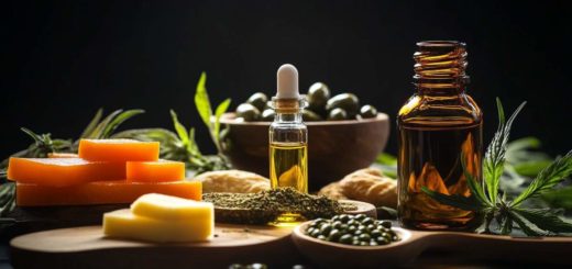 Huile de CBD accompagnée de quelques produits alimentaires